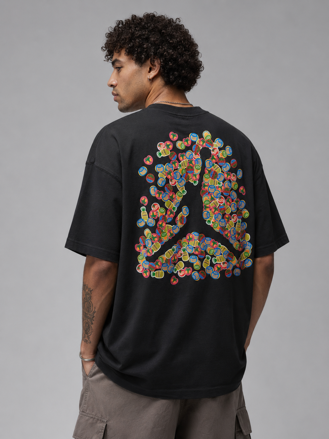 Fruit Mosaic Peace Oversized Black Tee