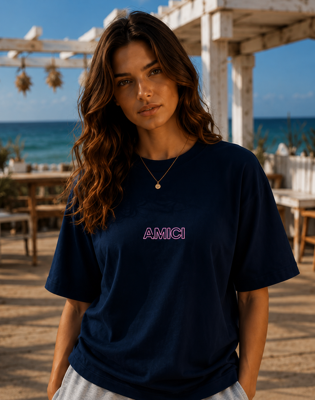 AMICI Signature Outline Oversized T-Shirt – Navy