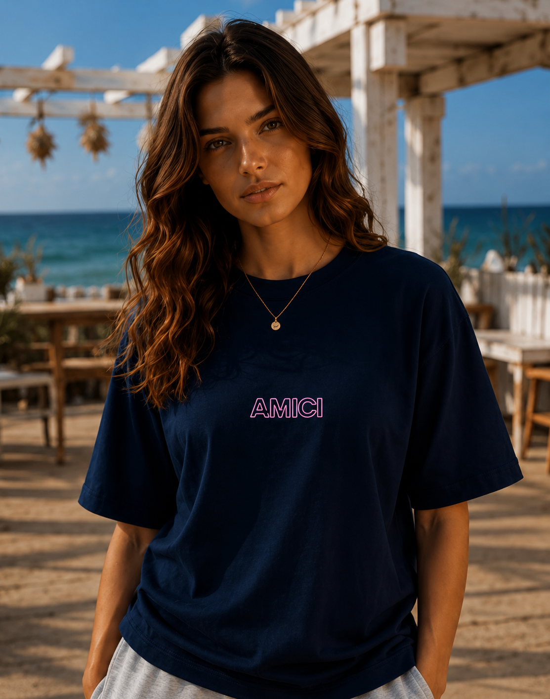 AMICI Signature Outline Oversized T-Shirt – Navy