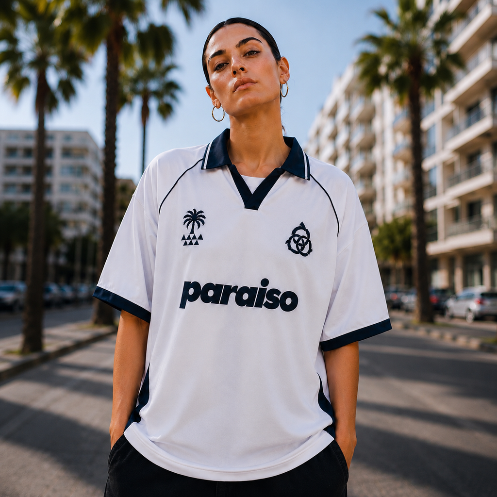 Paraiso Oversized Polo Jersey – White/Navy Streetwear Edition