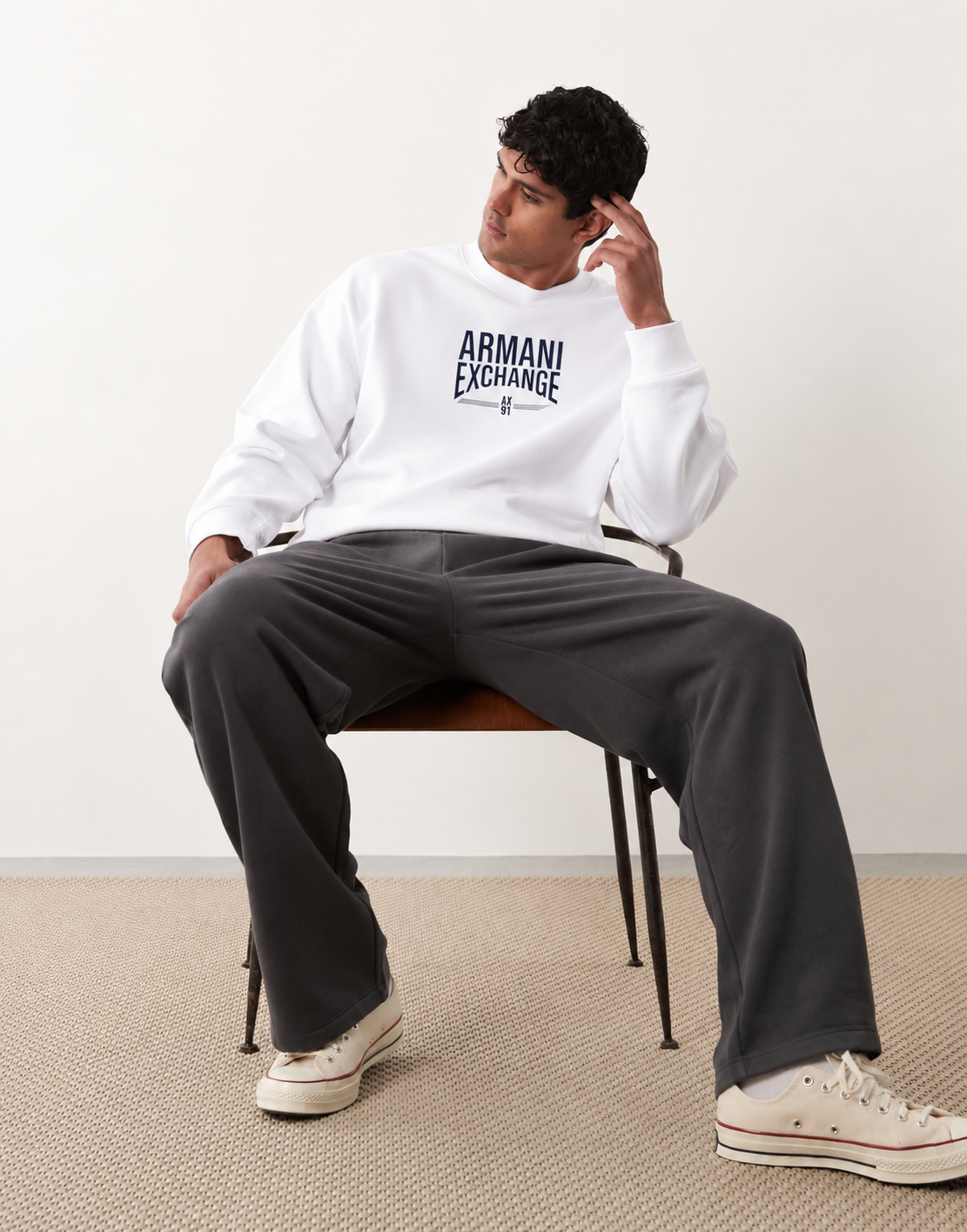 Armani Exchange Ivory Logo Crewneck Sweatshirt