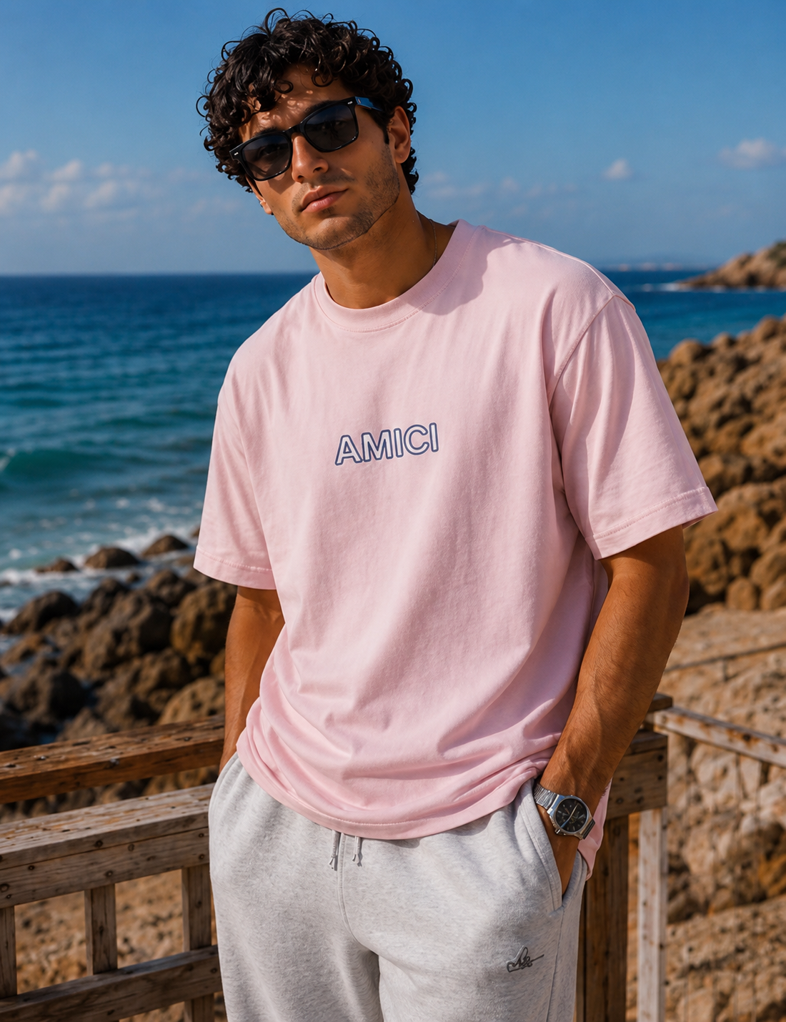 AMICI Signature Outline Oversized T-Shirt – Baby Pink