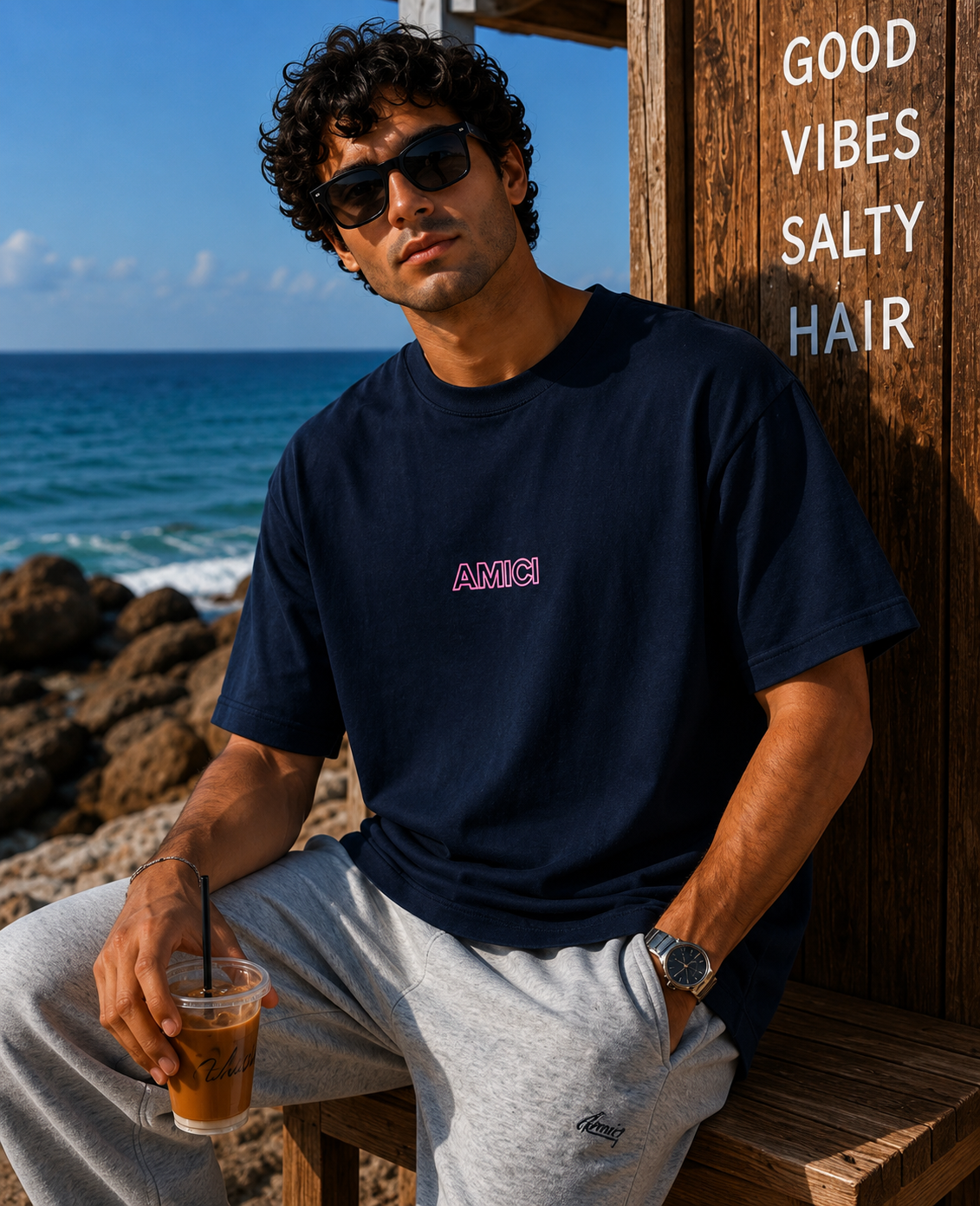 AMICI Signature Outline Oversized T-Shirt – Navy