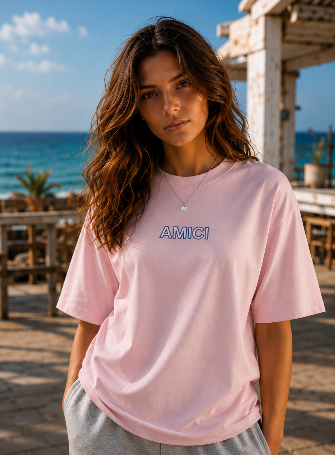 AMICI Signature Outline Oversized T-Shirt – Baby Pink
