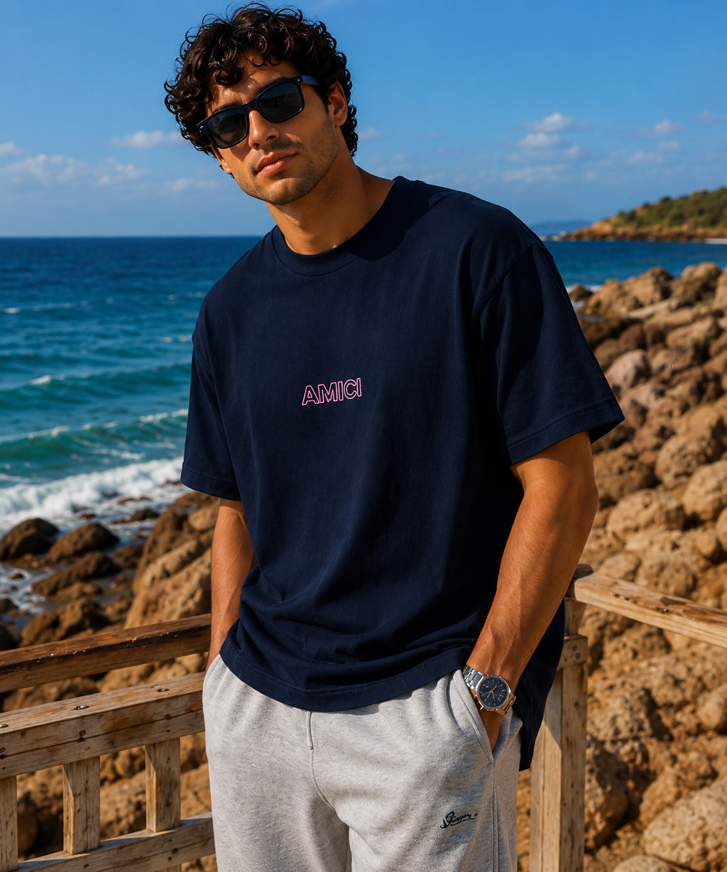 AMICI Signature Outline Oversized T-Shirt – Navy