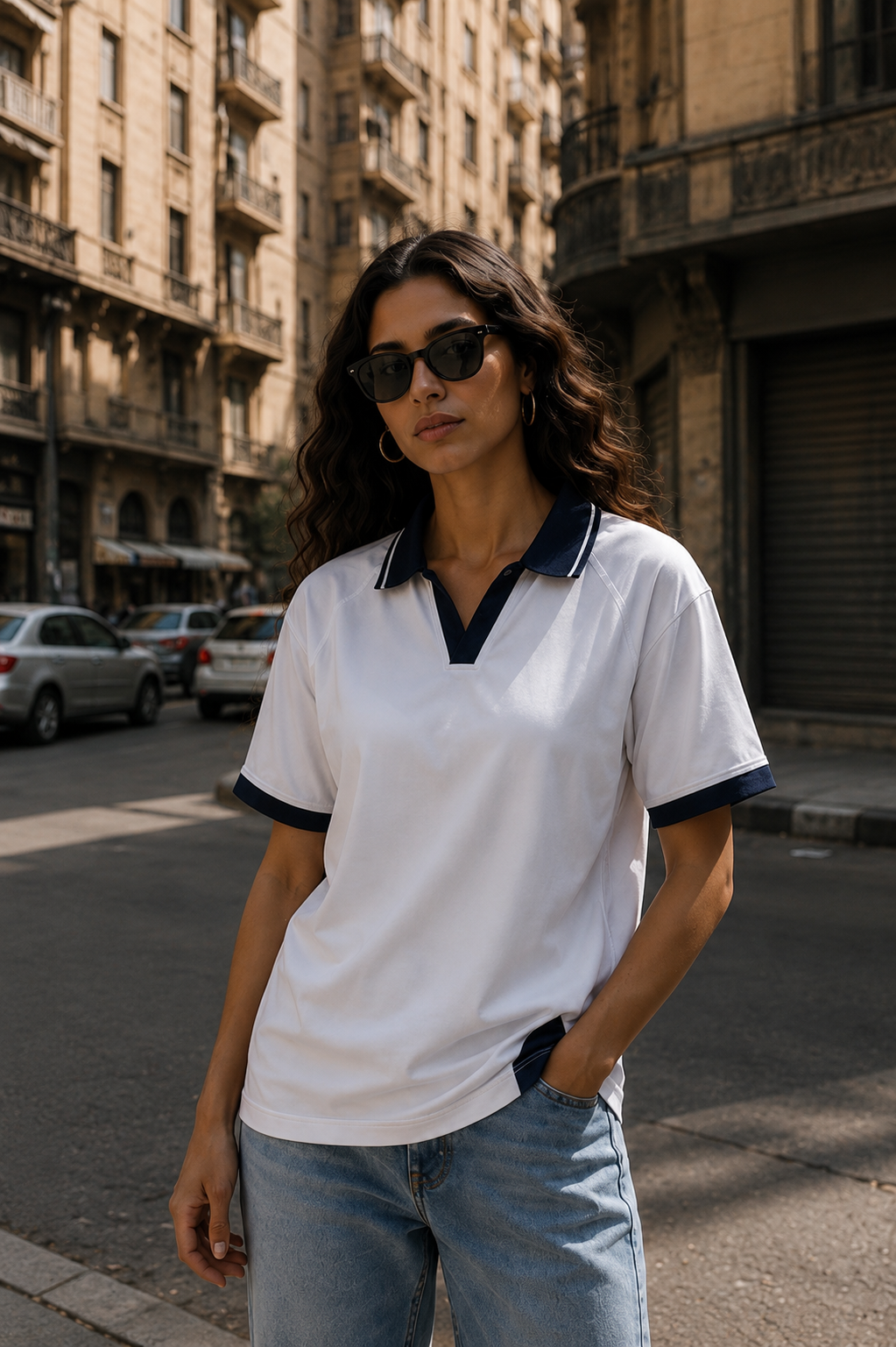 AMICI Performance Polo – White & Navy
