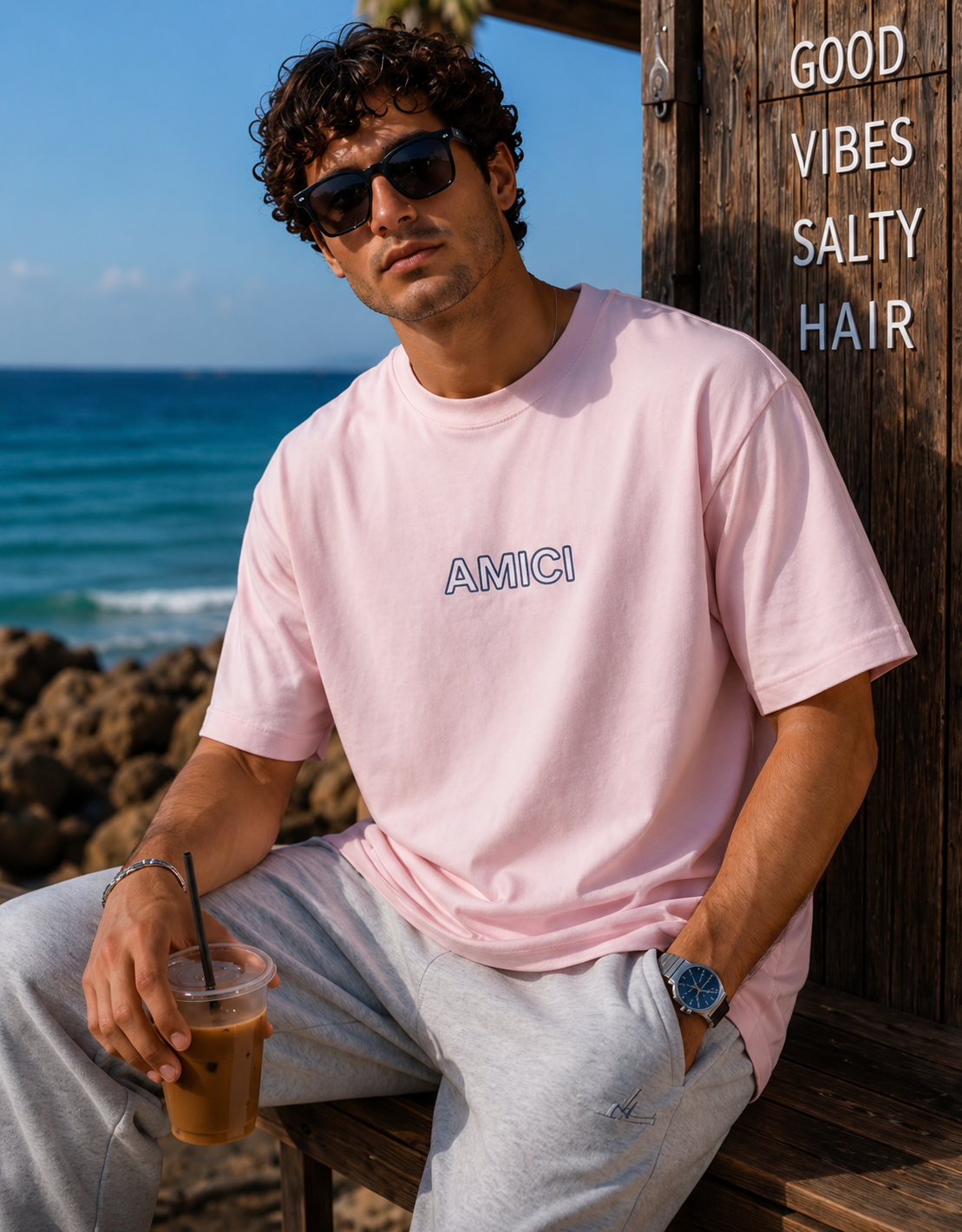 AMICI Signature Outline Oversized T-Shirt – Baby Pink